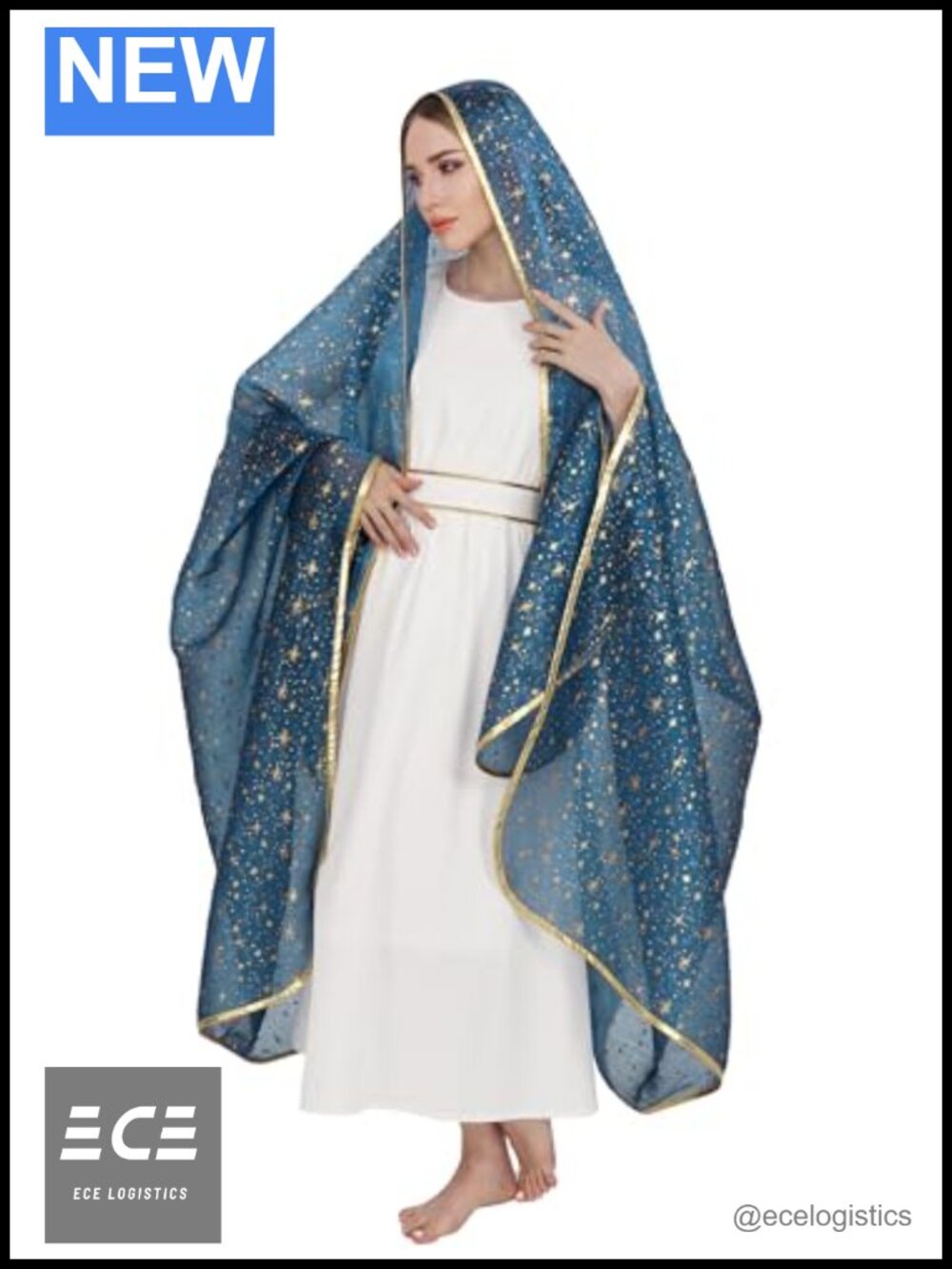 Virgin Mary Shawl Wrap Medieval Biblical Costume Veil with Stars